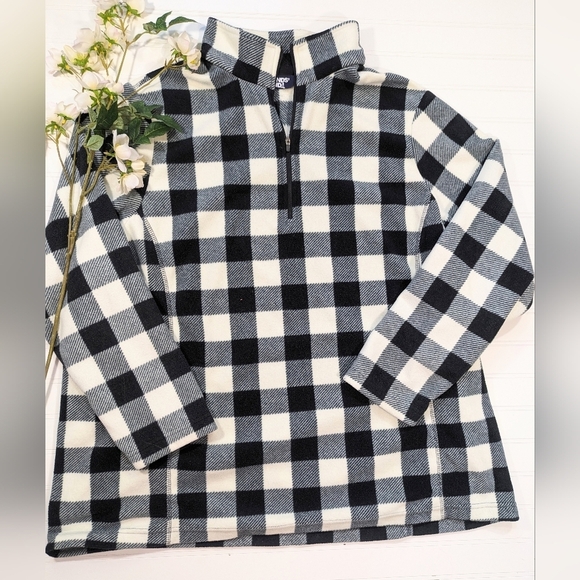 Land's End Black/White Plaid Quarter Zip Fleece Pullover - Picture 1 of 4